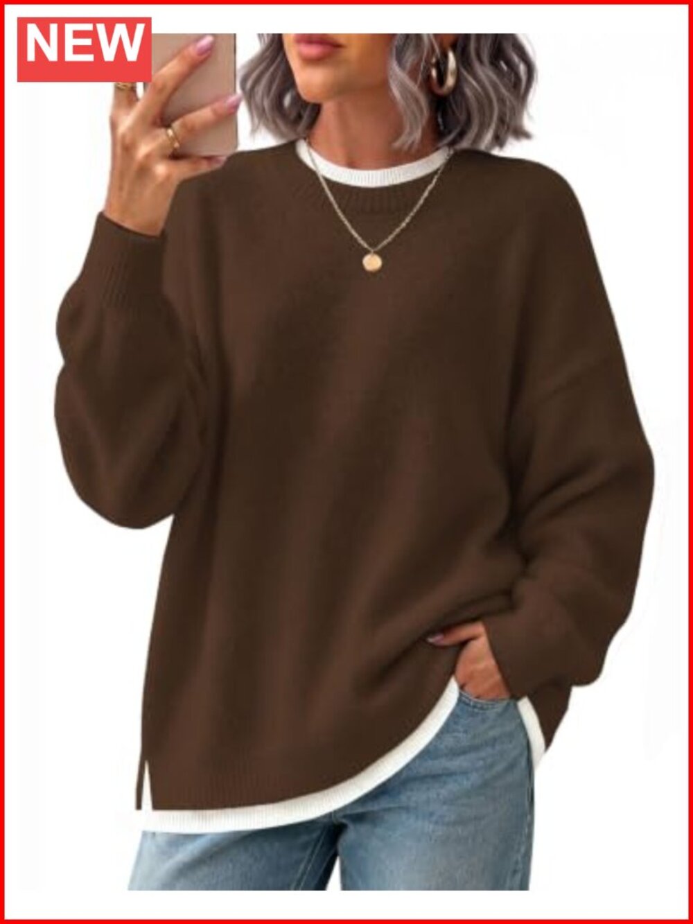 Women's Oversized Textured Knit Pullover Sweater Mock Layer Crew Neck Long